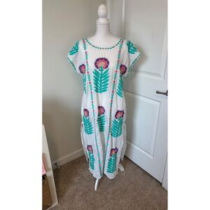 Nimo with Love Organic Cotton Embroidered Floral Maxi Dress Kaftan White Teal L
